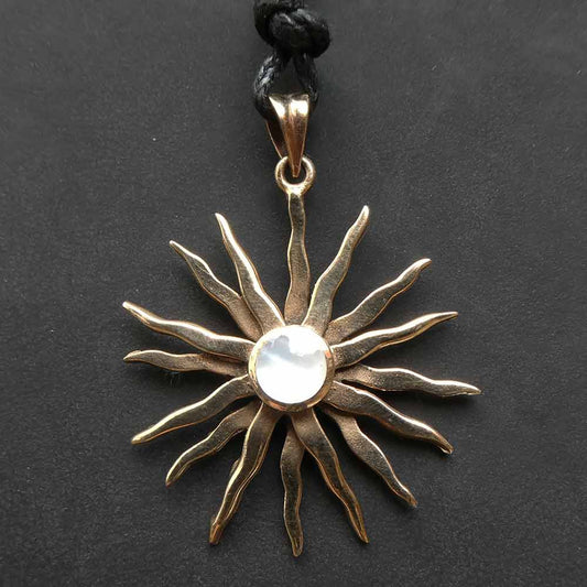 Sun mother of pearl bronze pendant with ribbon