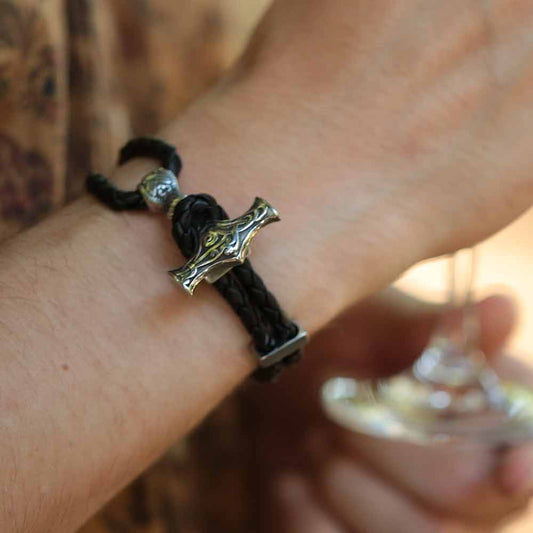 Thorshammer Armband Leder Edelstahl Wikinger Schmuck