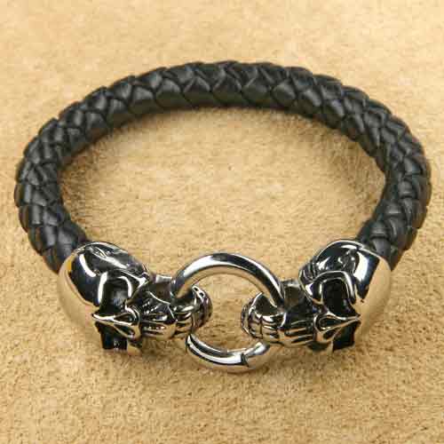 Totenkopf Edelstahl Armband mit Leder 21cm lang