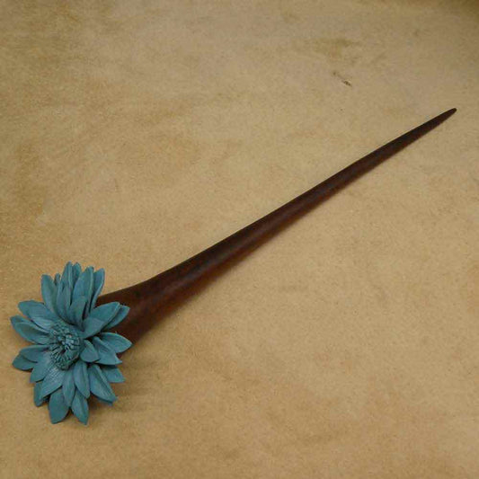 Hair stick wooden flower blue
