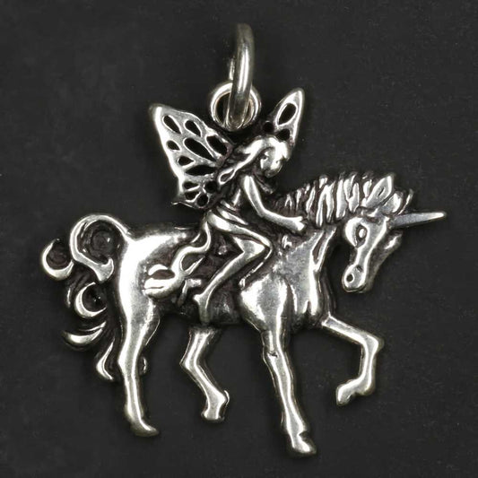 Elfe auf Einhorn 925 Silber Kettenanhänger ausgefallener Anhänger Fee