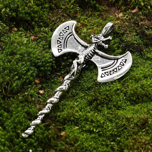 Drachen Axt Anhänger Doppelaxt Silber 925 Larp Schmhck