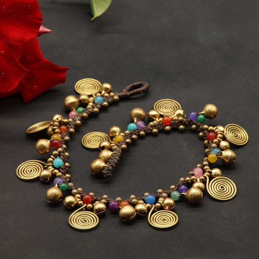 Modeschmuck Fußkette messing mit bunten Glasperlen Sommer Schmuck ausgefallen