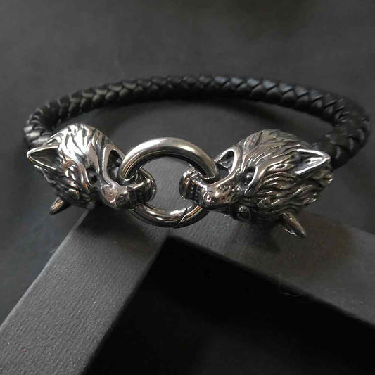 Wolf Edelstahl leder Armband Wikinger Herren Armschmuck